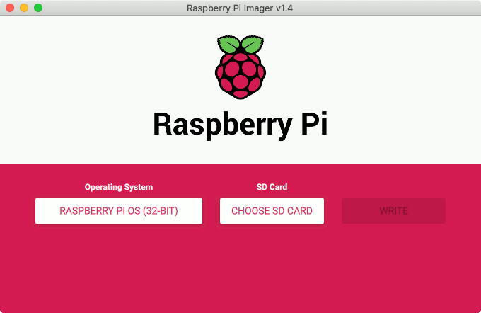 Raspberry Pi Imager v1.4 after selecting Raspberry Pi OS (32-BIT) as the operating system to install