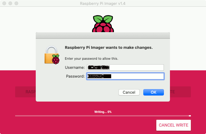 Raspberry Pi Imager v1.4 asking for Mac OS admin credentials