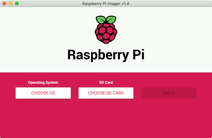 Raspberry Pi Imager v1.4 first screen after it had started