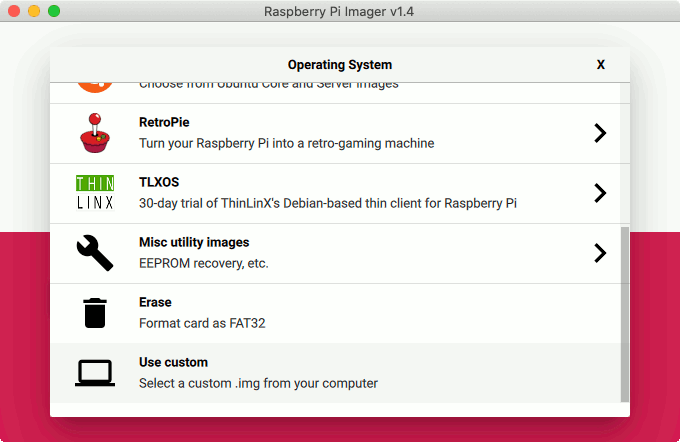 Raspberry Pi Imager v1.4 operating system selection list with use custom option highlighed