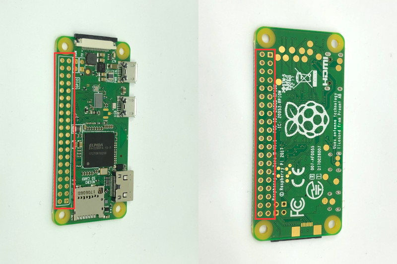 Raspberry Pi Zero W front and back with gpio connectors highlighted