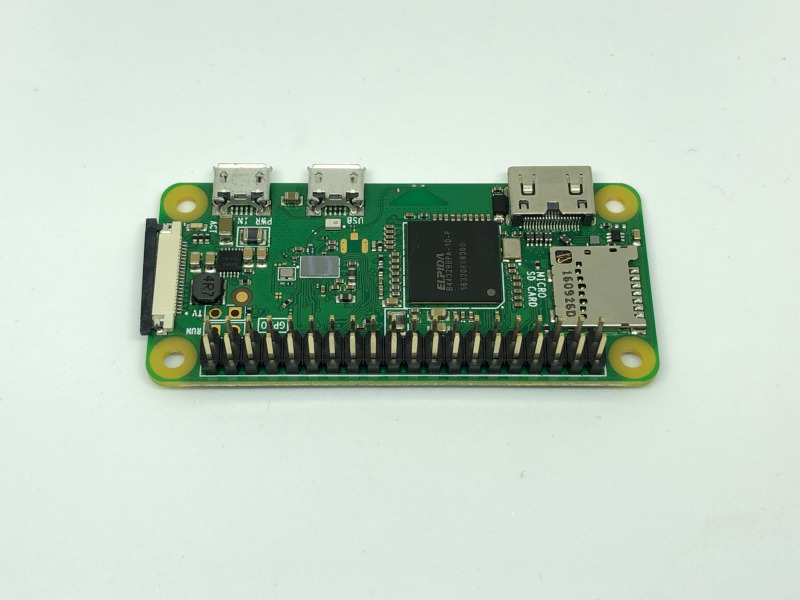 Raspberry Pi Zero W top view with male GPIO header pins