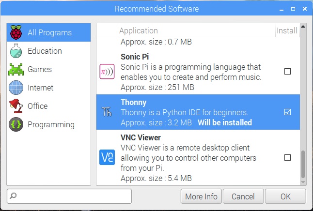 Raspbian 20181113 Recommended Software window with Thonny checked