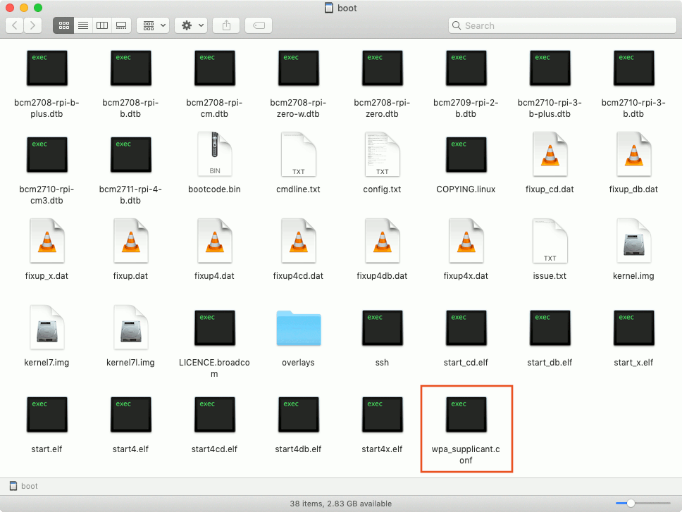 Raspbian Buster Lite 20190710 microSD root directory with <strong></noscript>wpa_supplicant.conf</strong> highlighted