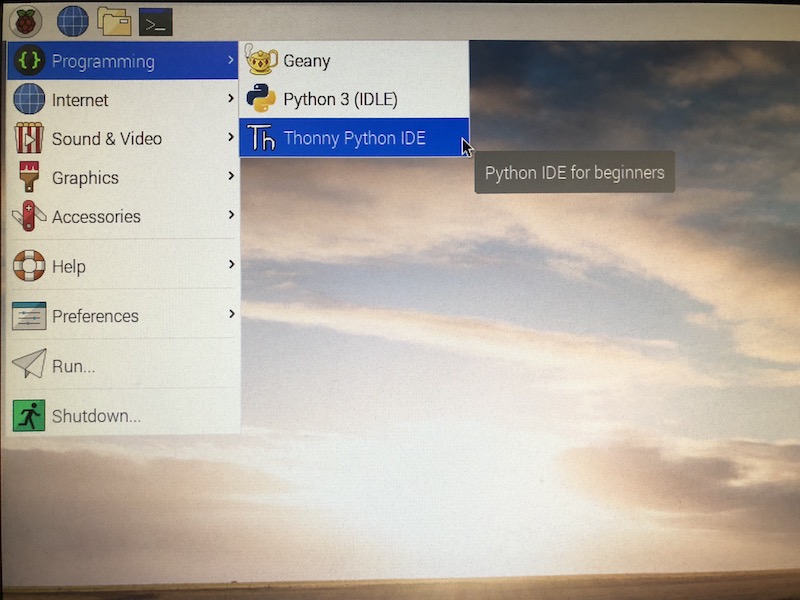 Raspbian Stretch 20181113 menu showing Thonny IDE