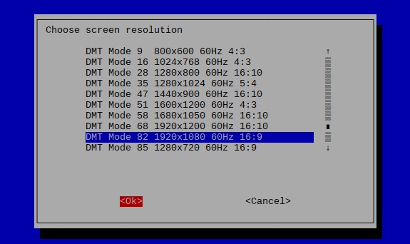 Raspbian Stretch 20181113 raspi-config Choose screen resolution screen with DMT Mode 82 1920x1080 GHz 16:9 selected