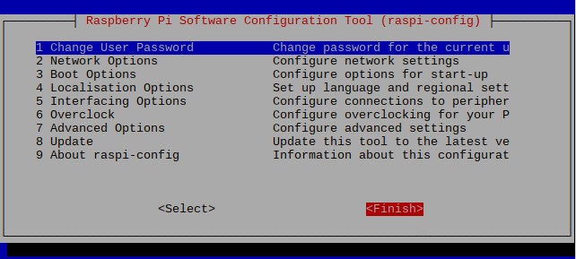 Raspbian Stretch 20181113 raspi-config initial screen with Finish selected
