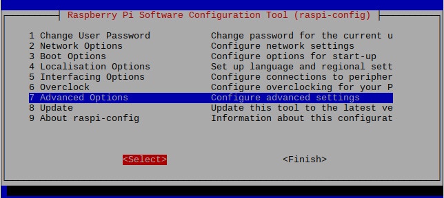 Raspbian Stretch 20181113 raspi-config with Advanced Options selected