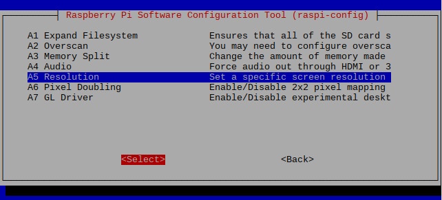 Raspbian Stretch 20181113 raspi-config with Resolution selected