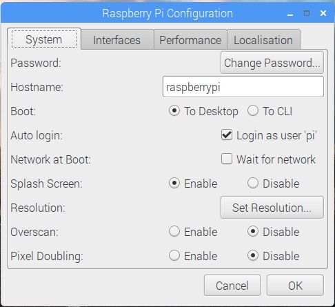 Raspbian Stretch 20181113 with Raspberry Pi Configuration program with System tab selected