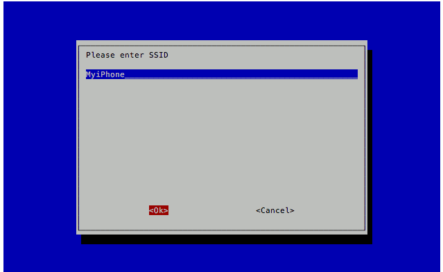 Raspbian Stretch Lite 2018-06-27 raspi-config with MyiPhone input as SSID for connecting WiFi