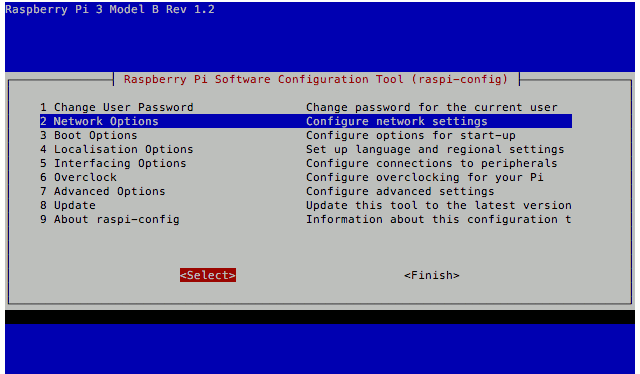 Raspbian Stretch Lite 2018-06-27 raspi-config with Network Options selected