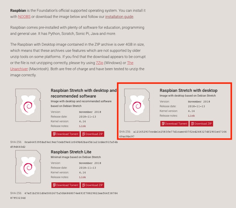 Raspbian download page for release 20181113