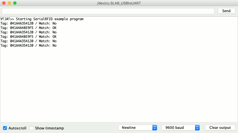 Sample output of using SerialRFID example program to read RFID tags from SparkFun USB RFID reader