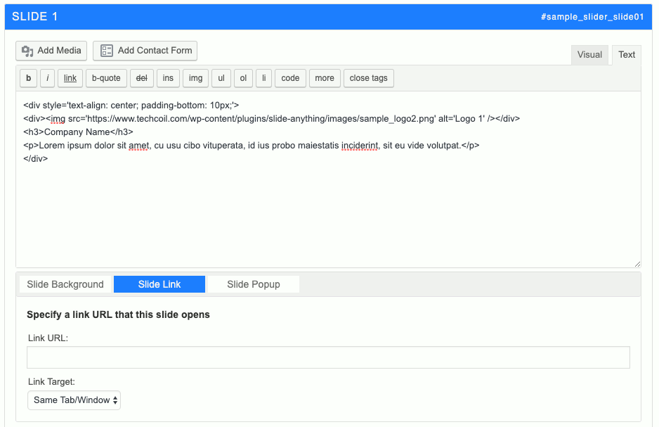 Screenshoit of Slide link control of Slide 1 of Sample Slider in Slide Anything plugin