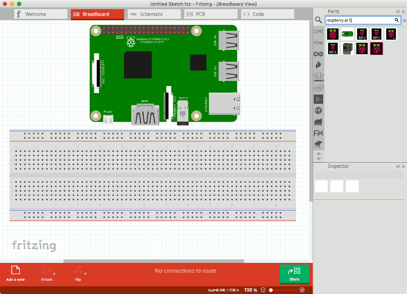 Screenshot of Fritzing with a Raspberry Pi 3 and a breadboard
