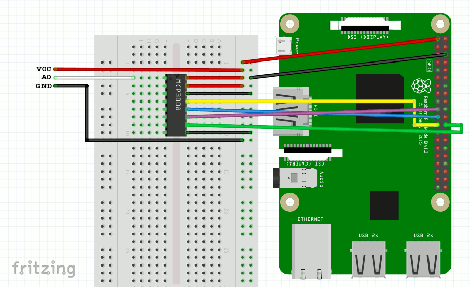 Screenshot of Fritzing with an analog sensor connected to MCP3008 and Raspberry Pi 3