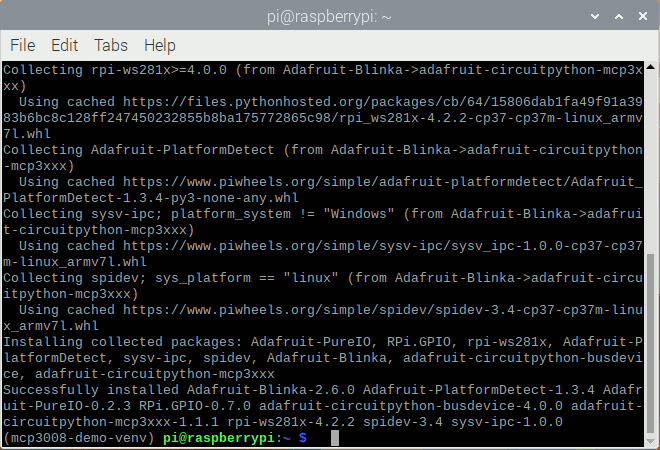 Screenshot of Raspbian terminal after installing Adafruit's CircuitPython library for MCP300x SPI ADC mcp3008-demo-venv
