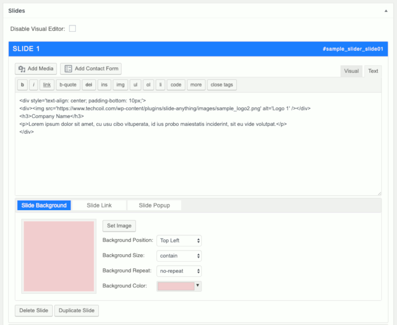 Screenshot of Slide 1 of Sample Slider in Slide Anything plugin