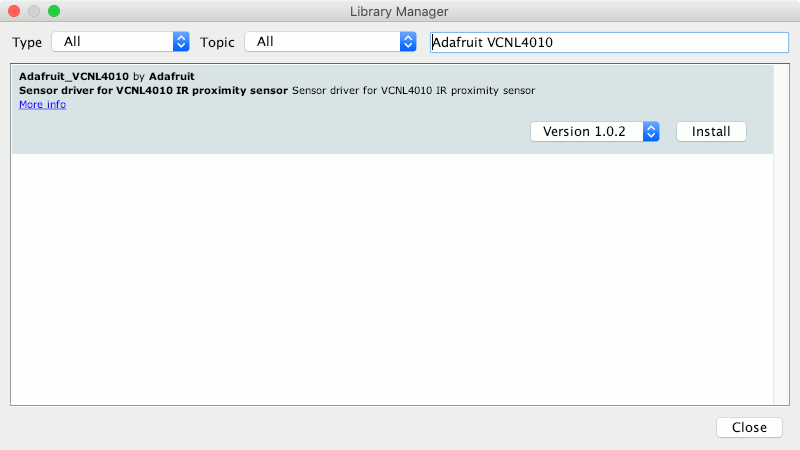 Searching for Adafruit VCNL4010 in Arduino IDE 1.8.9 libary manager