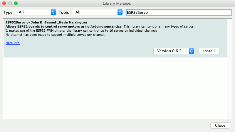Searching for ESP32Servo in Arduino IDE 1.8.9 libary manager