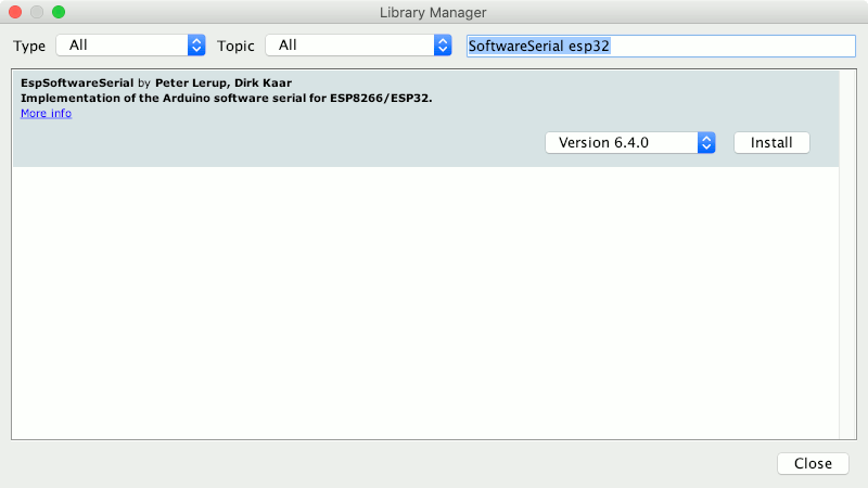 Searching for SoftwareSerial esp32 in Arduino IDE 1.8.7 libary manager