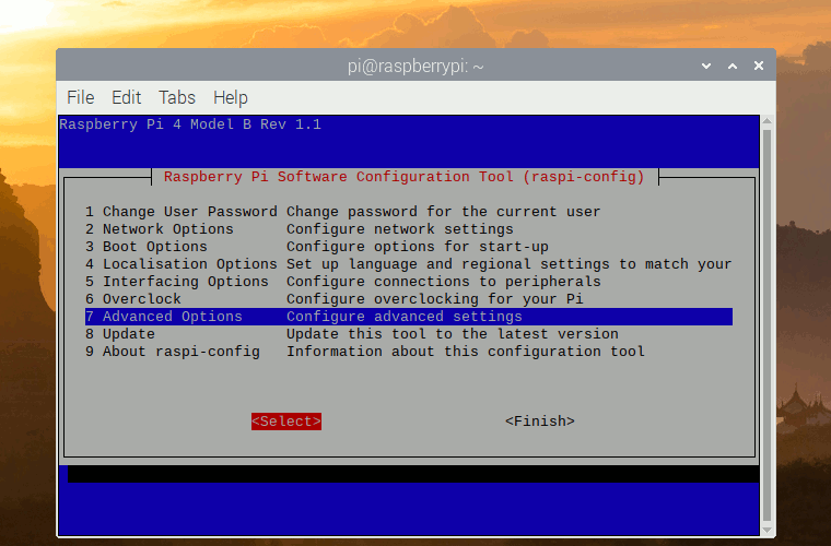 Selecting Advanced Options of raspi-config on terminal in Raspbian Buster 20190710