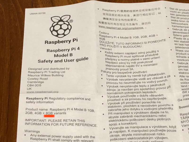 Snapshot of Raspberry Pi 4 Model B Safety and User guide hinting at a 8GB variant