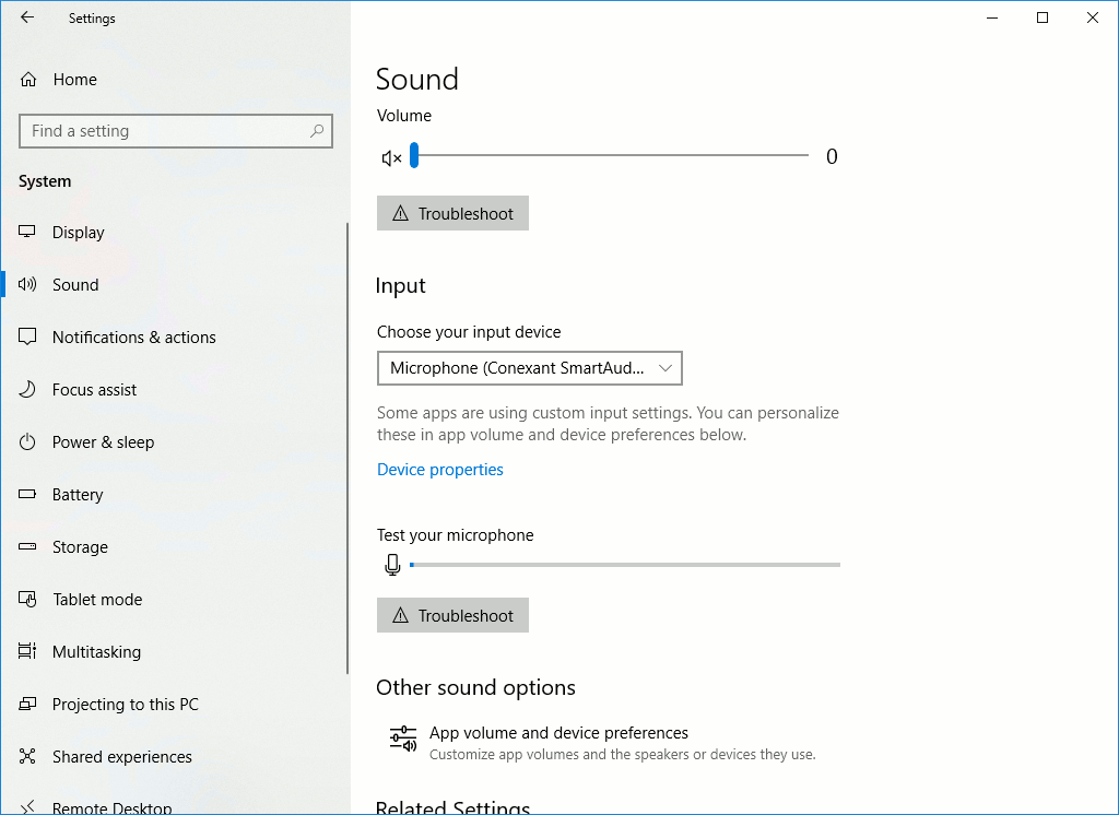 Sound settings on Windows 10 with Microphone (Conexand SmartAudio HD) selected as input device
