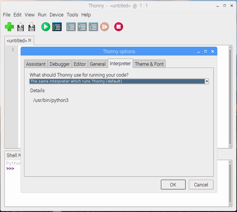 Thonny on Raspbian Stretch 20181113 Interpreter tab showing configuration as using the same Python interpreter which runs Thonny