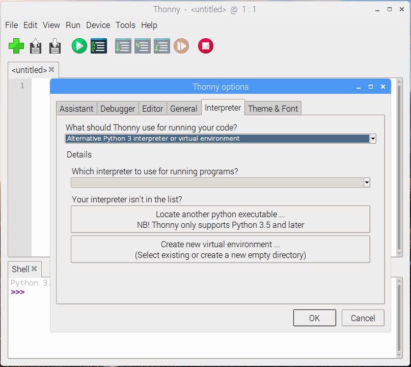 Thonny on Raspbian Stretch 20181113 Interpreter tab showing configuration screen for Alternative Python 3 interpreter or virtual environment