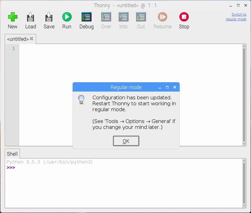 Thonny on Raspbian Stretch 20181113 showing confirmation message after switching to regular mode