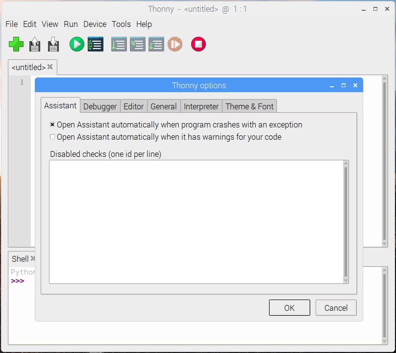Thonny on Raspbian Stretch 20181113 showing first tab of Options