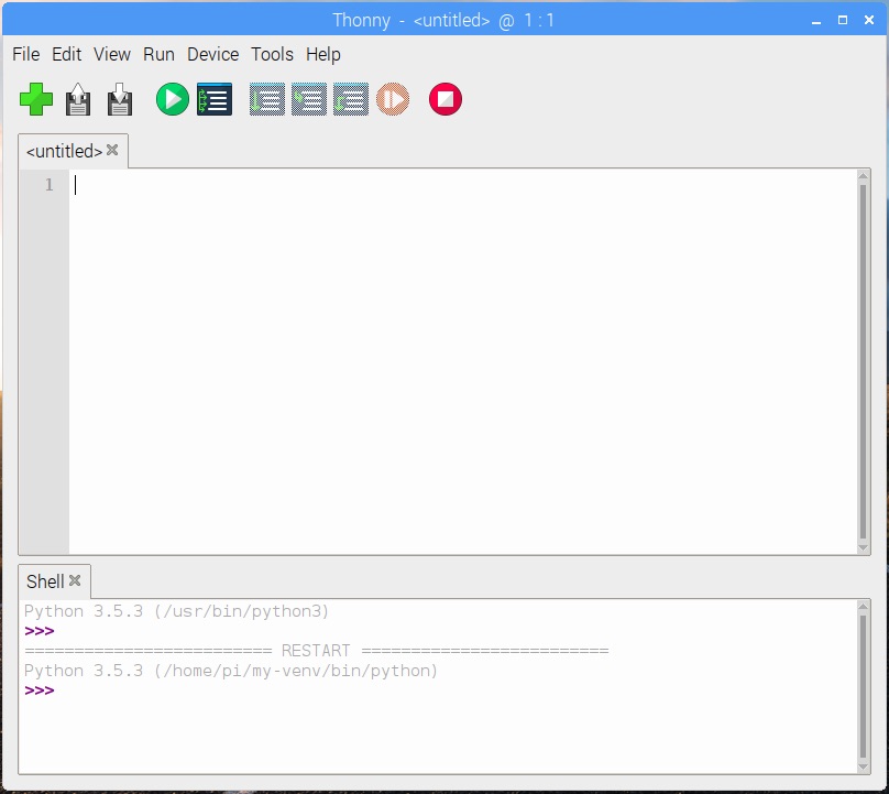 Thonny on Raspbian Stretch 20181113 showing that it had restarted its shell to use the Python executable in my-venv virtual environment