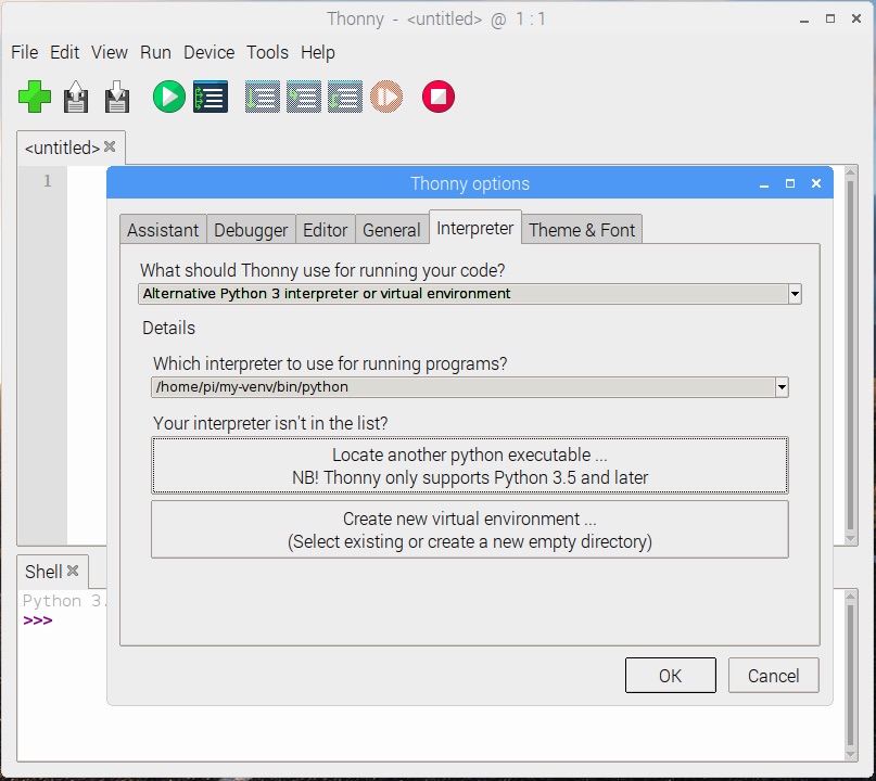 Thonny on Raspbian Stretch 20181113 showing that my-venv python executable being used as the Interpreter for running Python 3 application