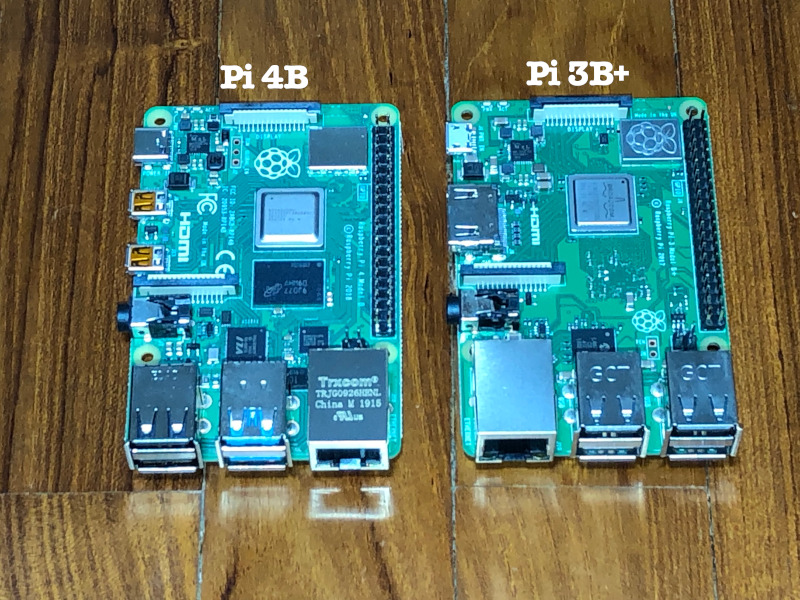 Top down view of Raspberry Pi 4 Model B and Raspberry Pi 3 Model B+