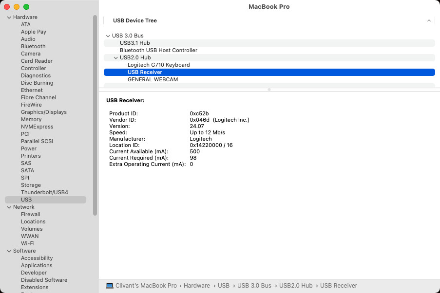 USB Device Tree listing Logitech unifying receiver