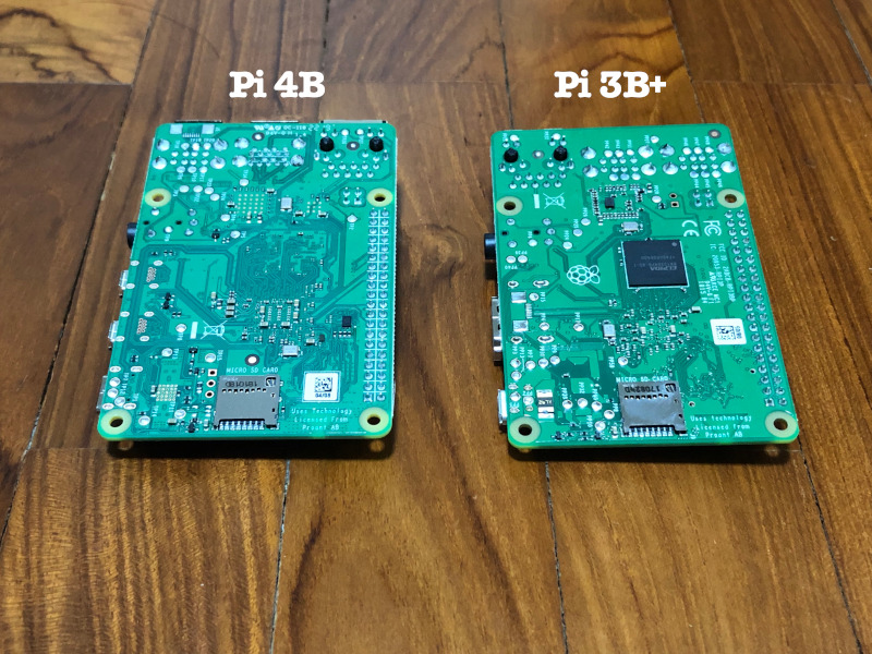 Underside view of Raspberry Pi 4 Model B and Raspberry Pi 3 Model B+