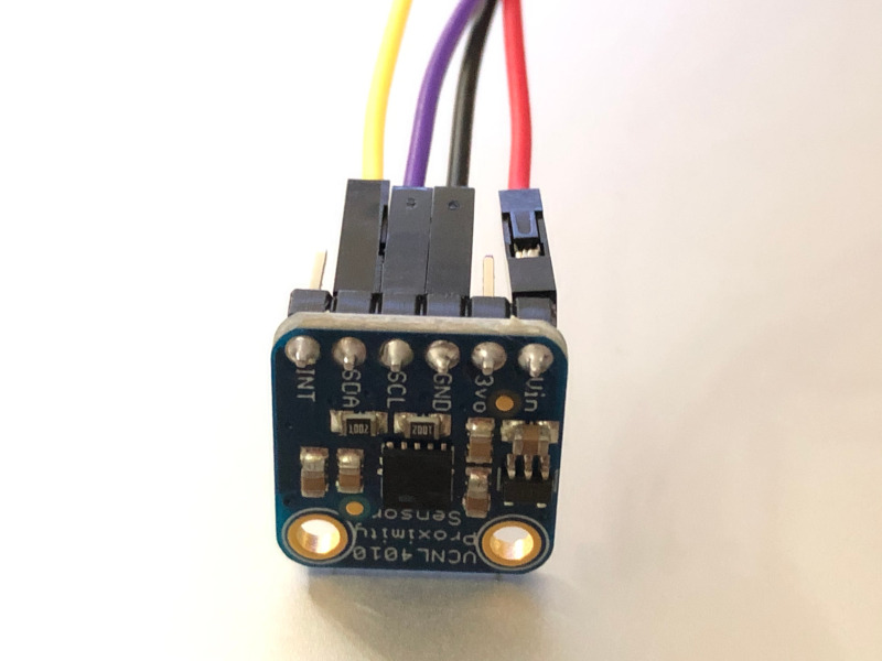 VCNL4010 Proximity/Light sensor with Vin, GND, SCL and SDA pins connected to GPIO cables