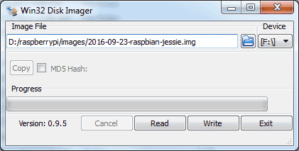 Win 32 Disk Imager 0.9.5 with read, write buttons and sd drive enabled
