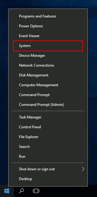 Windows 10 IoT Enterprise 2016 LTSB Entry menu that appears after right-clicking on the start button (with System highlighted)