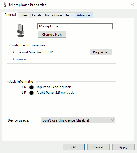 Windows 10 Microphone Properties for Conexand SmartAudio HD with device being disabled