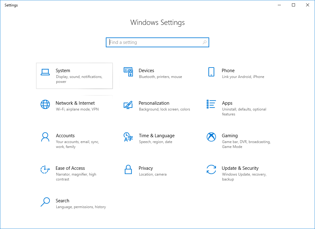 Windows 10 Settings App with System highlighted