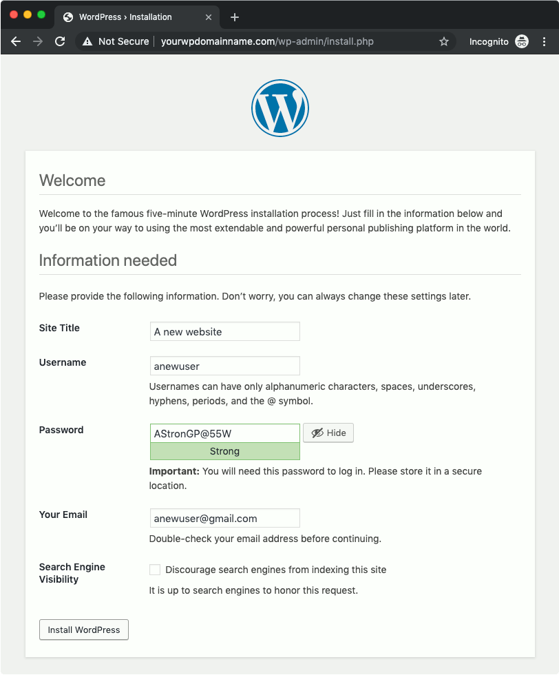 WordPress 5.2.3 installation page with some sample values