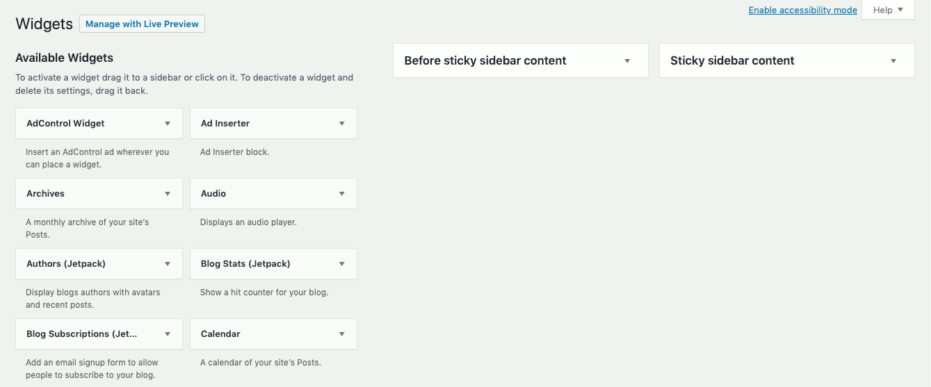 WordPress Dashboard Widgets Screen showing Before sticky sidebar content and Sticky sidebar content