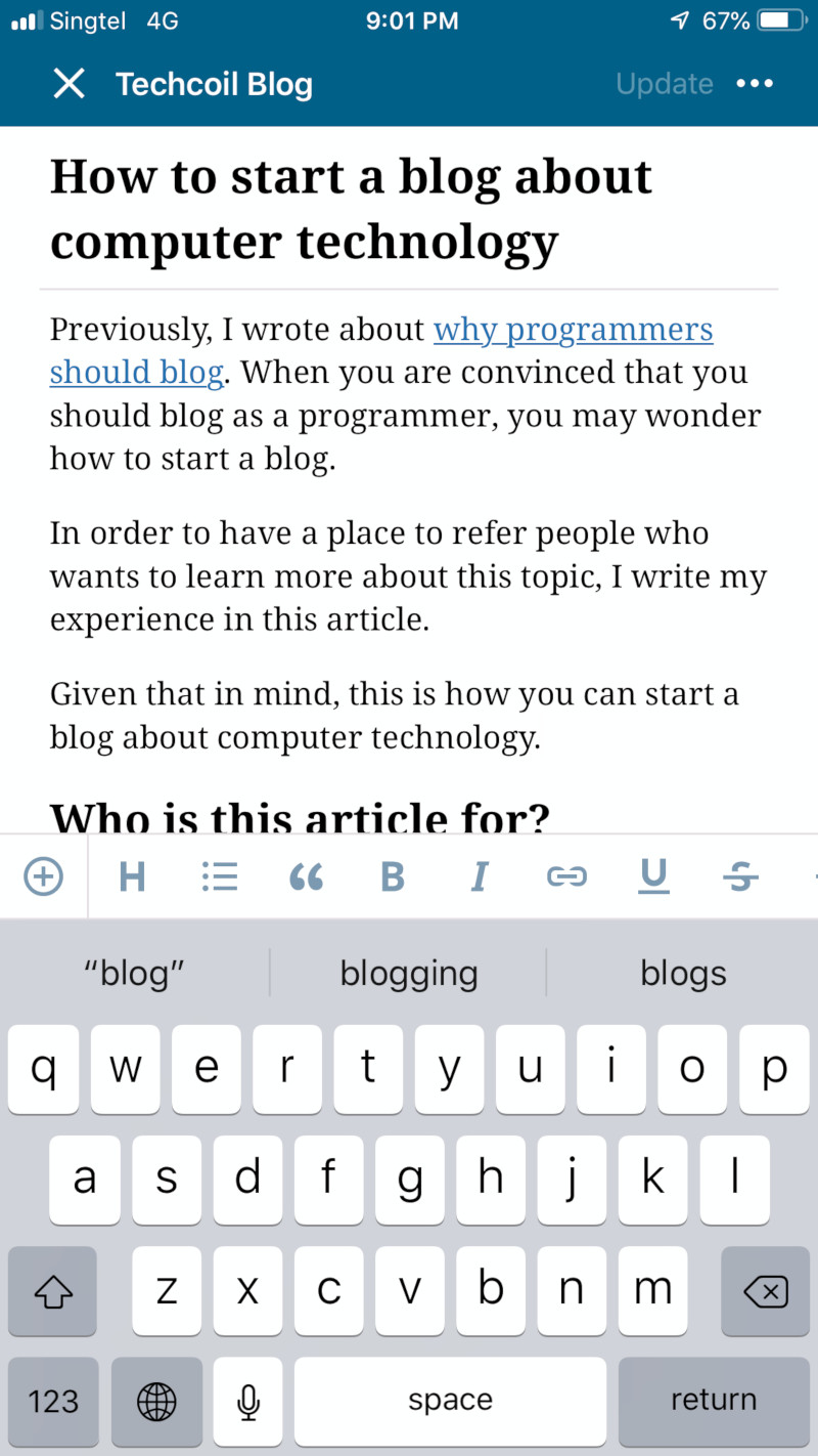 WordPress app showing post editor with How to start a blog about computer technology
