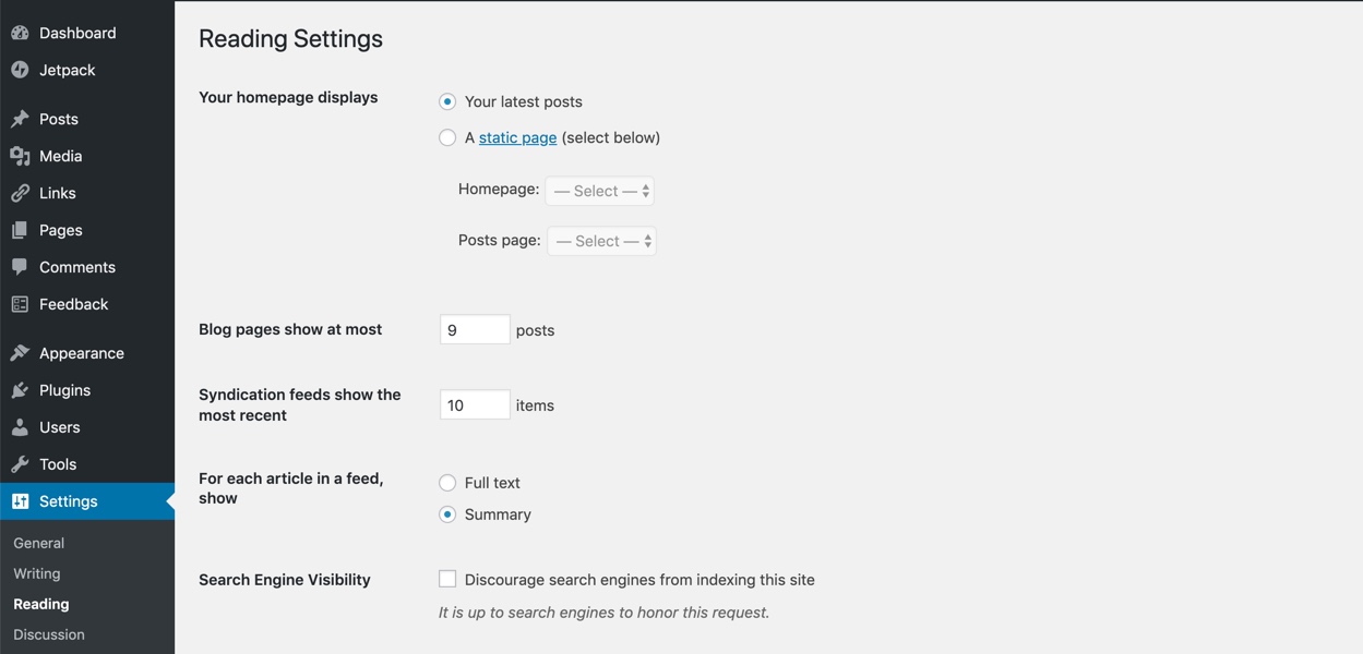 WordPress dashboard reading settings example