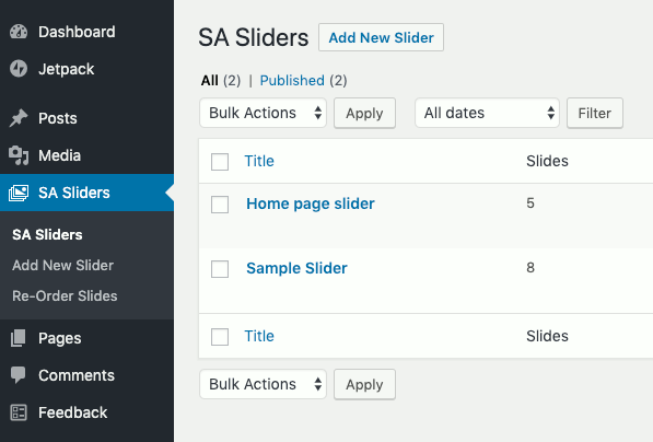 WordPress screenshot of SA Sliders link being active