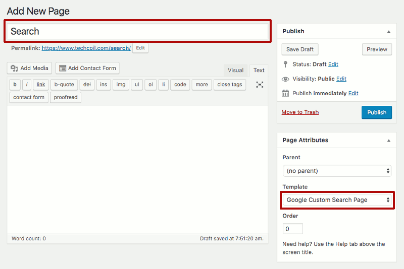 Add new WordPress page screen for search