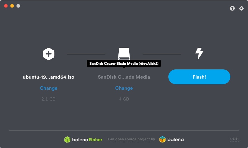 balenaEtcher screen with Ubuntu 19.04 desktop image as image to flash and Sandisk Cruzer blade as destination drive to flash to